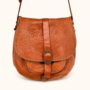 Patricia Nash Barcelona Italian Leather Tooled Saddle Bag Whipstitched Western